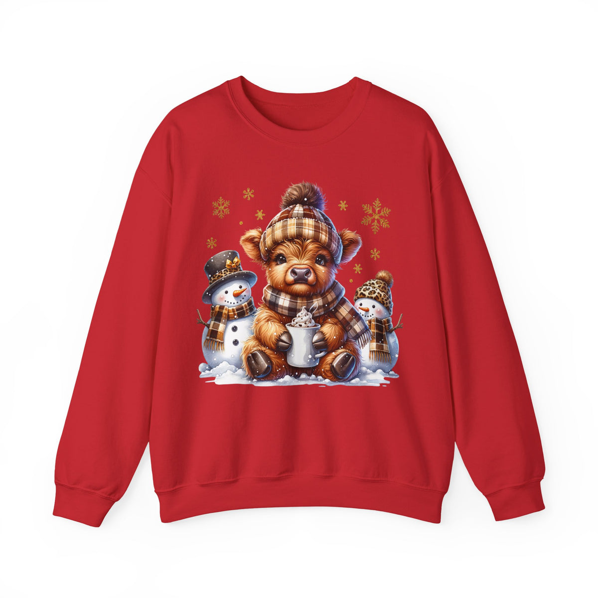 Cute Highland Cow with Snowmen, Winter – Gildan Heavy Blend | Trendy Women’s Soft Sweatshirt. Direct to Garment. Printed & Shipped in the USA. Unisex Sizes.