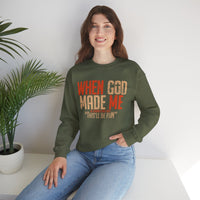 When God Made Me "This'll Be Fun" Christian Faith Distressed – Gildan Heavy Blend | Trendy Women’s and Men's Soft Sweatshirt. Direct to Garment. Printed & Shipped in the USA. Unisex Sizes.