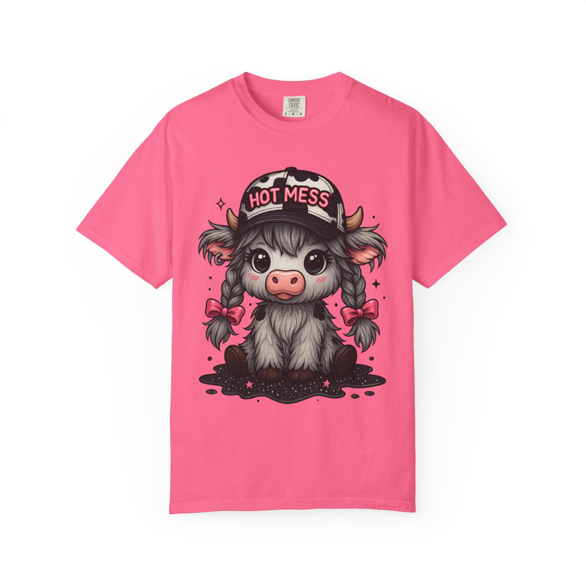 Cute Highland Cow 'Hot Mess' In Braids  - Comfort Colors | Trendy Women's T-Shirt. Direct to Garment. Printed & Shipped in the USA. Unisex Sizes.