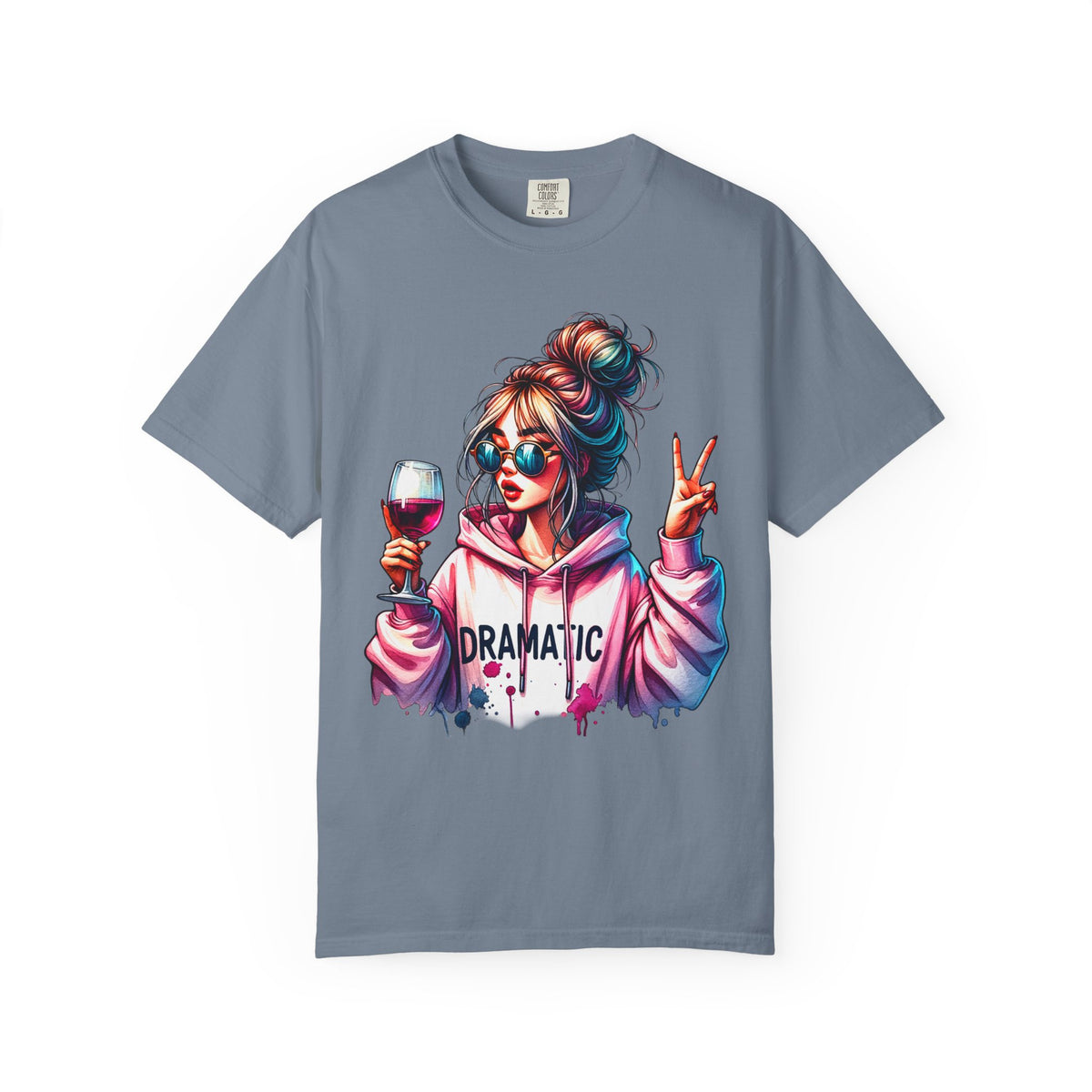 Dramatic Girl With Wine Messy Bun Peace Sign  - Comfort Colors | Trendy Women's T-Shirt. Direct to Garment. Printed & Shipped in the USA. Unisex Sizes.