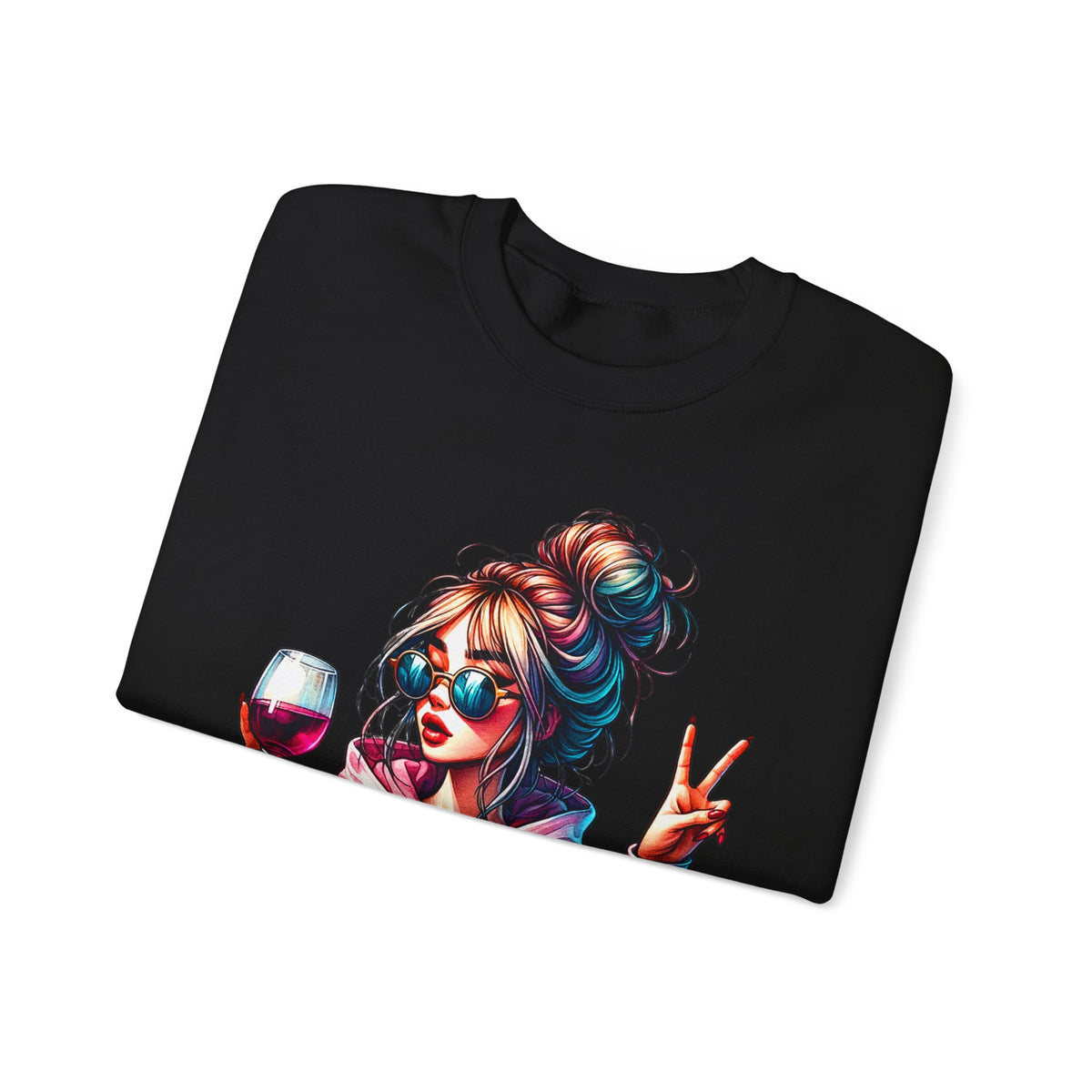 Dramatic Girl With Wine Messy Bun Peace Sign – Gildan Heavy Blend | Trendy Women’s Soft Sweatshirt. Direct to Garment. Printed & Shipped in the USA. Unisex Sizes.