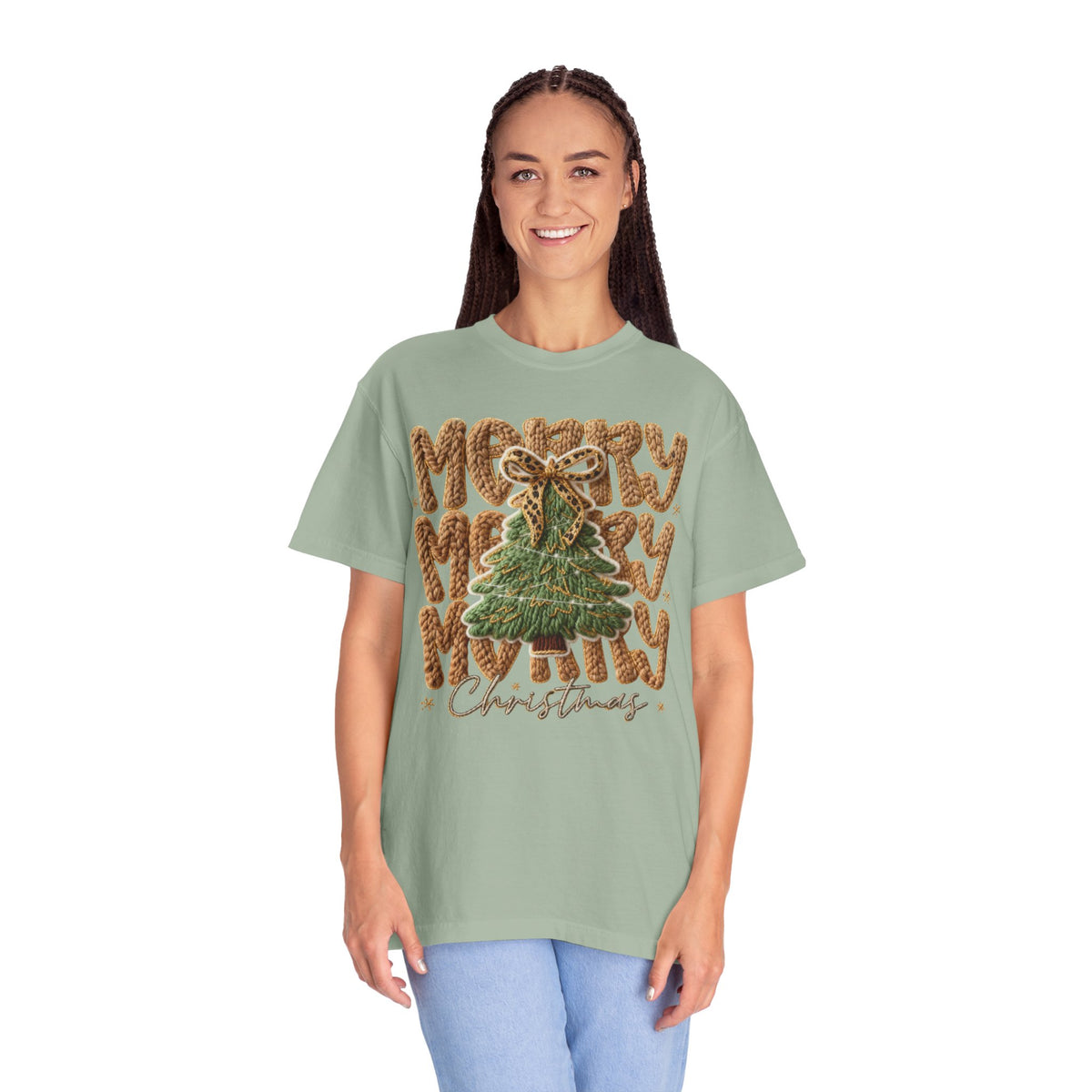 Merry Merry Merry Christmas, Faux Latch Hook Yarn - Comfort Colors | Trendy Women's T-Shirt. Direct to Garment. Printed & Shipped in the USA. Unisex Sizes.
