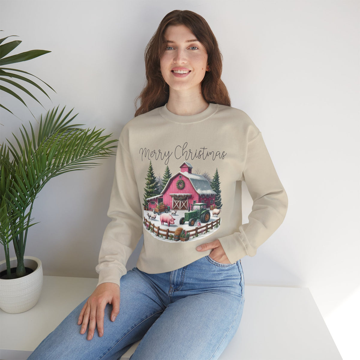 Merry Christmas Pink Barn Farm Animals – Gildan Heavy Blend | Trendy Women’s Soft Sweatshirt. Direct to Garment. Printed & Shipped in the USA. Unisex Sizes.