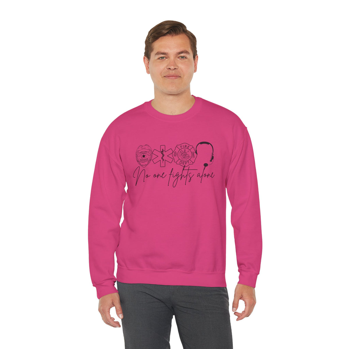 No One Fights Alone, Heroes – Gildan Heavy Blend | Trendy Women’s and Men's Soft Sweatshirt. Direct to Garment. Printed & Shipped in the USA. Unisex Sizes.