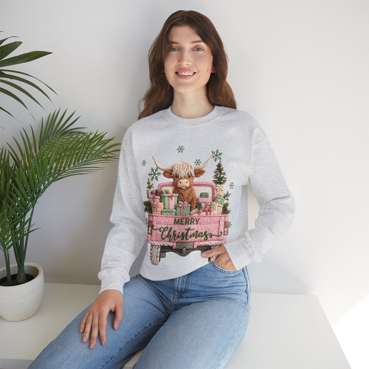 Highland Cow in Pink Truck Merry Christmas Holiday Farmhouse – Gildan Heavy Blend | Trendy Women’s Soft Sweatshirt. Direct to Garment. Printed & Shipped in the USA. Unisex Sizes.