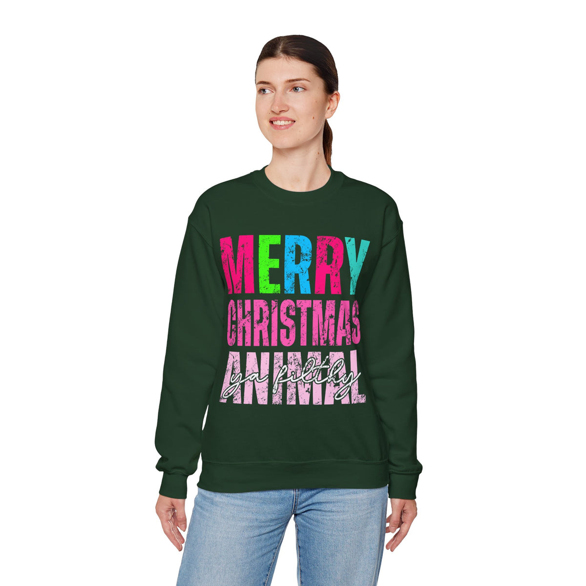 Merry Christmas Ya Filthy Animal – Gildan Heavy Blend | Trendy Women’s Soft Sweatshirt. Direct to Garment. Printed & Shipped in the USA. Unisex Sizes.