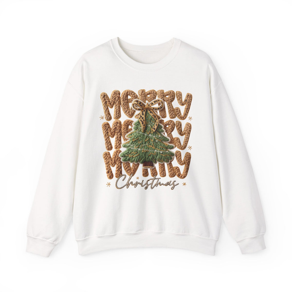 Merry Merry Merry Christmas, Faux Latch Hook Yarn – Gildan Heavy Blend | Trendy Women’s Soft Sweatshirt. Direct to Garment. Printed & Shipped in the USA. Unisex Sizes.