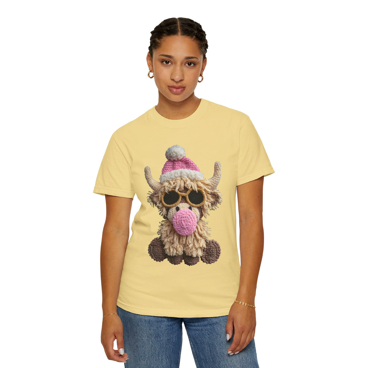 Faux Crochet Highland Cow Bubblegum - Comfort Colors | Trendy Women's T-Shirt. Direct to Garment. Printed & Shipped in the USA. Unisex Sizes.