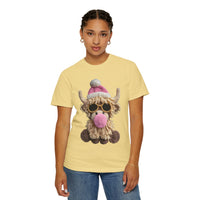 Faux Crochet Highland Cow Bubblegum - Comfort Colors | Trendy Women's T-Shirt. Direct to Garment. Printed & Shipped in the USA. Unisex Sizes.