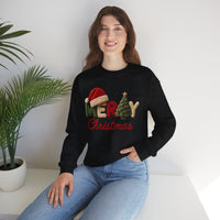 Merry Christmas Faux Yarn w/Santa Hat & Tree – Gildan Heavy Blend | Trendy Women’s Soft Sweatshirt. Direct to Garment. Printed & Shipped in the USA. Unisex Sizes.