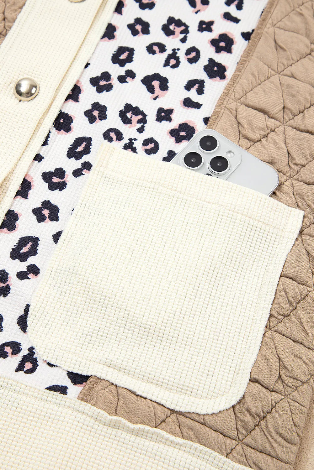 Khaki & Leopard Patchwork Quilted Button-Front Lightweight Jacket with Pockets