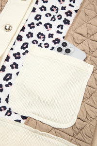 Khaki & Leopard Patchwork Quilted Button-Front Lightweight Jacket with Pockets