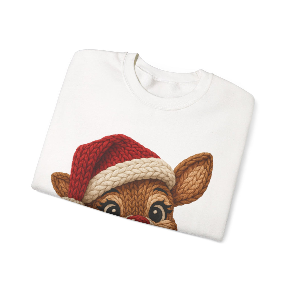 Cute Rudolph Faux Knit Look Reindeer w/Santa Hat – Gildan Heavy Blend | Trendy Women’s Soft Sweatshirt. Direct to Garment. Printed & Shipped in the USA. Unisex Sizes.