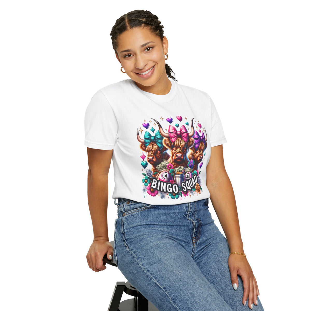 Cute Highland Cows Bingo Squad - Comfort Colors | Trendy Women's T-Shirt. Direct to Garment. Printed & Shipped in the USA. Unisex Sizes.