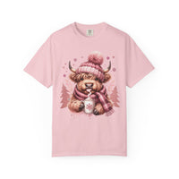 Cozy Highland Cow, Winter Coffee Mug & Scarf - Comfort Colors | Trendy Women's T-Shirt. Direct to Garment. Printed & Shipped in the USA. Unisex Sizes.