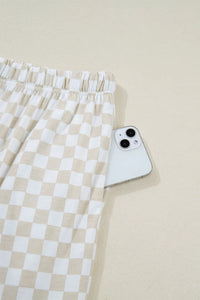 Khaki & White 2pc Checkered Print Half Sleeve Loungewear with Pockets