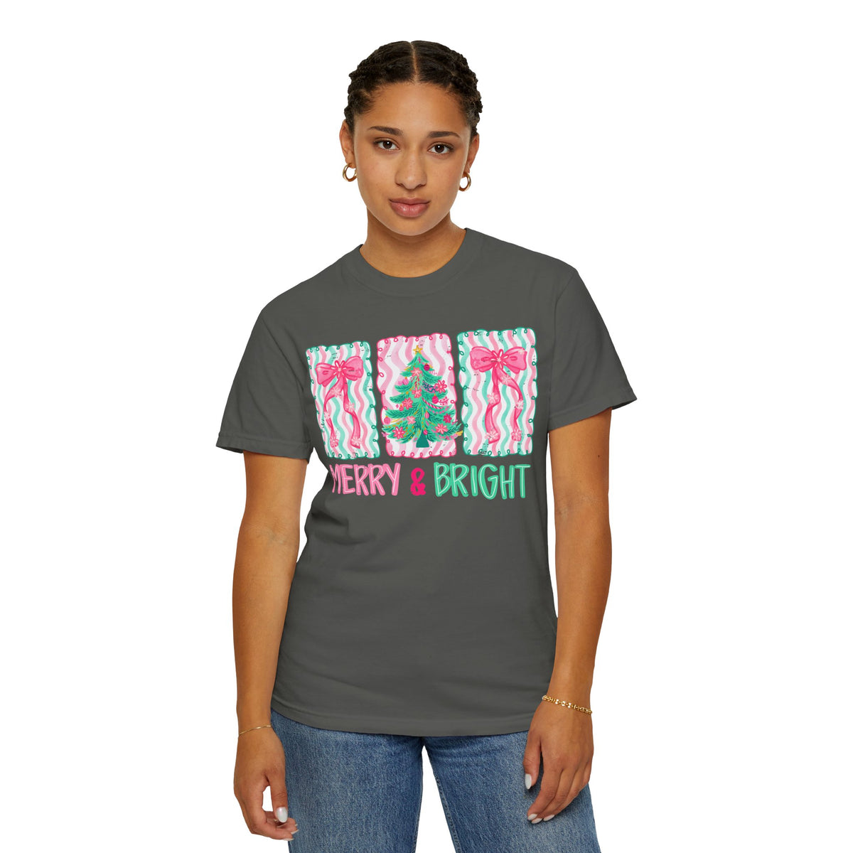 Merry & Bright Christmas — Pink & Green Holiday Tree Design - Comfort Colors | Trendy Women's T-Shirt. Direct to Garment. Printed & Shipped in the USA. Unisex Sizes.