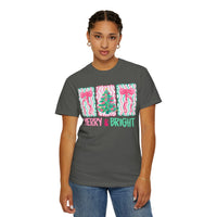 Merry & Bright Christmas — Pink & Green Holiday Tree Design - Comfort Colors | Trendy Women's T-Shirt. Direct to Garment. Printed & Shipped in the USA. Unisex Sizes.