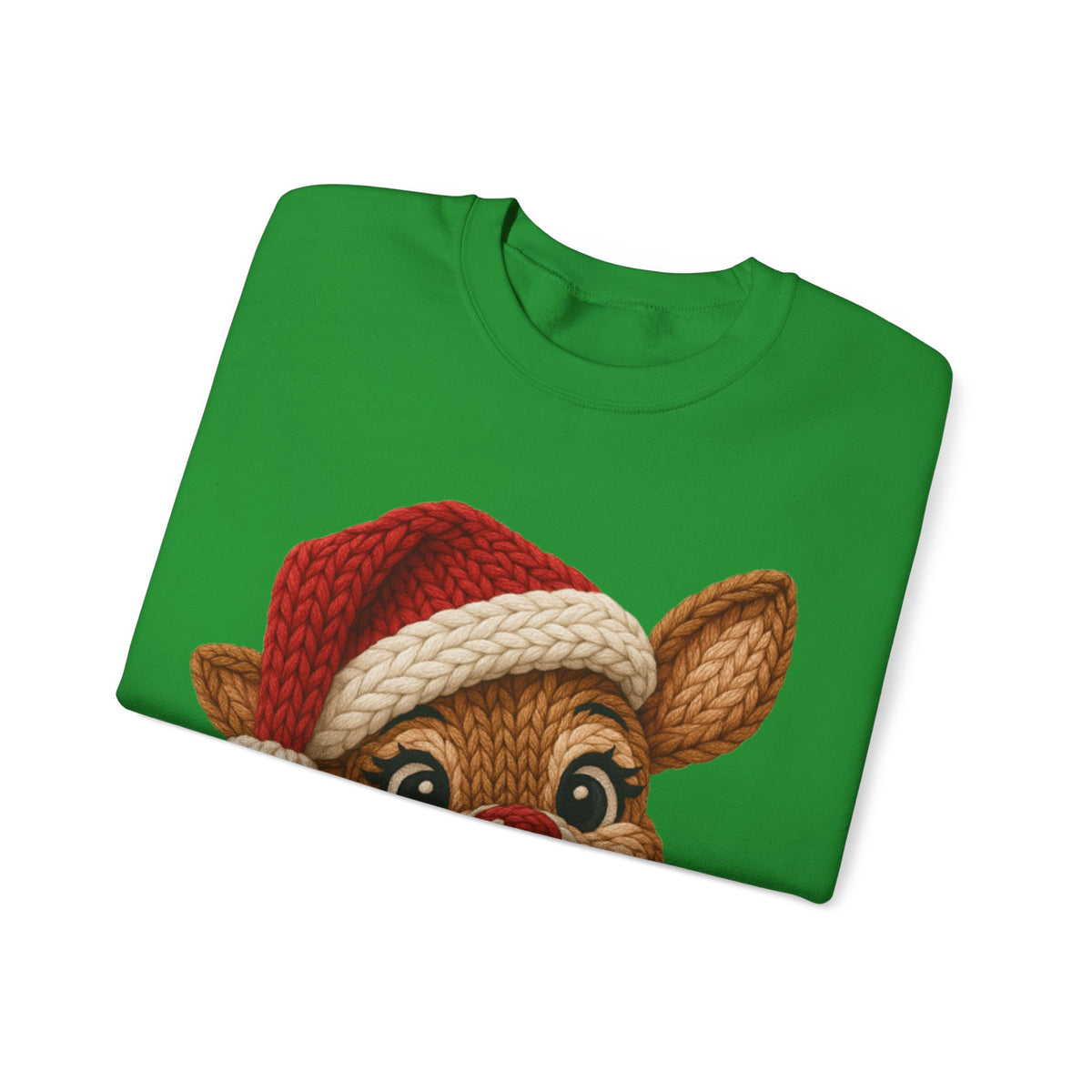 Cute Rudolph Faux Knit Look Reindeer w/Santa Hat – Gildan Heavy Blend | Trendy Women’s Soft Sweatshirt. Direct to Garment. Printed & Shipped in the USA. Unisex Sizes.