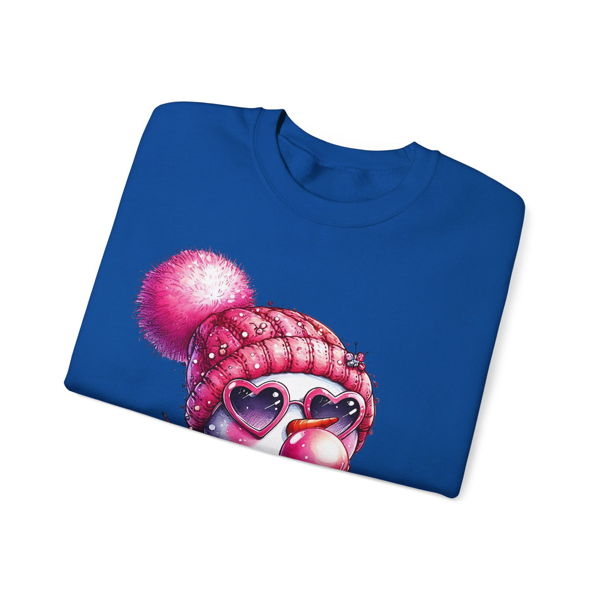 Pink Girly Snowman with Heart Sunglasses and Bubblegum - Winter – Gildan Heavy Blend | Trendy Women’s Soft Sweatshirt. Direct to Garment. Printed & Shipped in the USA. Unisex Sizes.