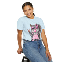 Cute But Feral, Squirrel in Pink Bibs - Comfort Colors | Trendy Women's T-Shirt. Direct to Garment. Printed & Shipped in the USA. Unisex Sizes.