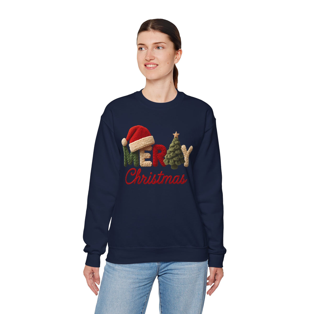 Merry Christmas Faux Yarn w/Santa Hat & Tree – Gildan Heavy Blend | Trendy Women’s Soft Sweatshirt. Direct to Garment. Printed & Shipped in the USA. Unisex Sizes.