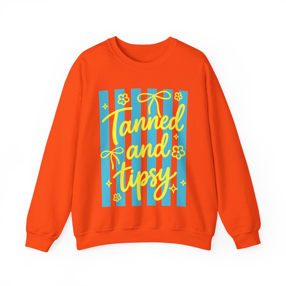 Tanned and Tipsy – Gildan Heavy Blend | Trendy Women’s Soft Sweatshirt. Direct to Garment. Printed & Shipped in the USA. Unisex Sizes.