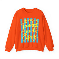 Tanned and Tipsy – Gildan Heavy Blend | Trendy Women’s Soft Sweatshirt. Direct to Garment. Printed & Shipped in the USA. Unisex Sizes.