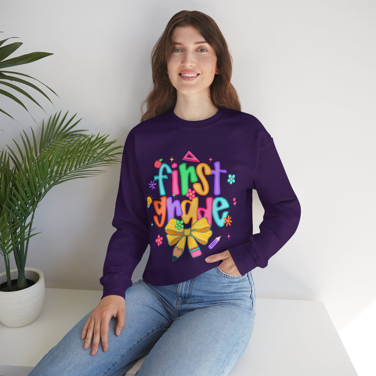 Coquette First Grade Pencil Bow – Gildan Heavy Blend | Trendy Women’s Soft Sweatshirt. Direct to Garment. Printed & Shipped in the USA. Unisex Sizes.