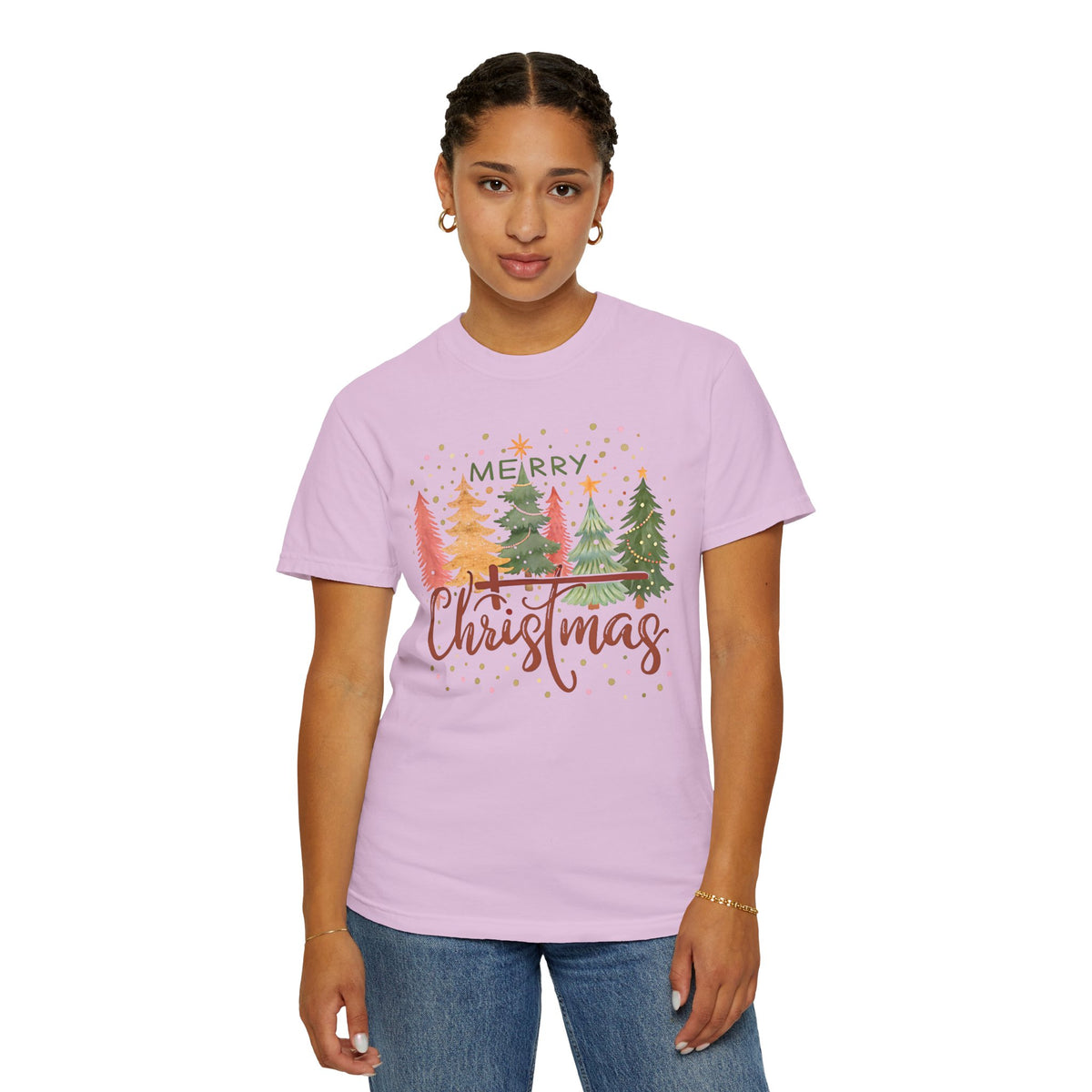 Merry ChrisTmas - Christian Faith - Comfort Colors | Trendy Women's T-Shirt. Direct to Garment. Printed & Shipped in the USA. Unisex Sizes.