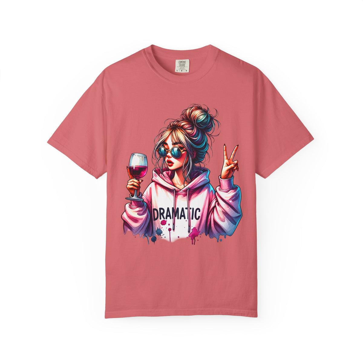 Dramatic Girl With Wine Messy Bun Peace Sign  - Comfort Colors | Trendy Women's T-Shirt. Direct to Garment. Printed & Shipped in the USA. Unisex Sizes.