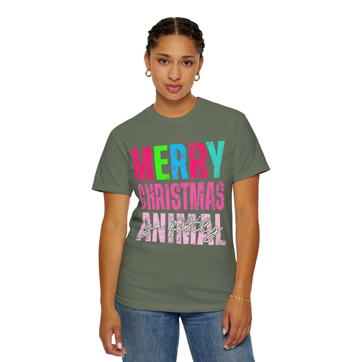 Merry Christmas Ya Filthy Animal - Comfort Colors | Trendy Women's T-Shirt. Direct to Garment. Printed & Shipped in the USA. Unisex Sizes.