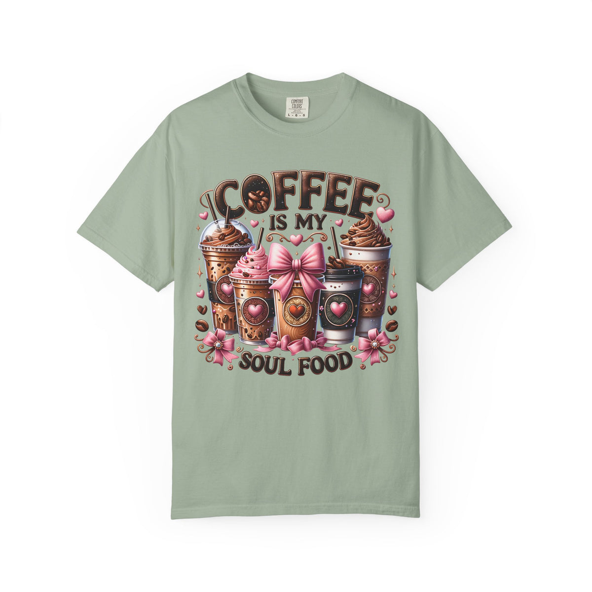 Coffee Is My Soul Food, Iced Coffee, Pink Bow - Comfort Colors | Trendy Women's T-Shirt. Direct to Garment. Printed & Shipped in the USA. Unisex Sizes.