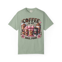 Coffee Is My Soul Food, Iced Coffee, Pink Bow - Comfort Colors | Trendy Women's T-Shirt. Direct to Garment. Printed & Shipped in the USA. Unisex Sizes.