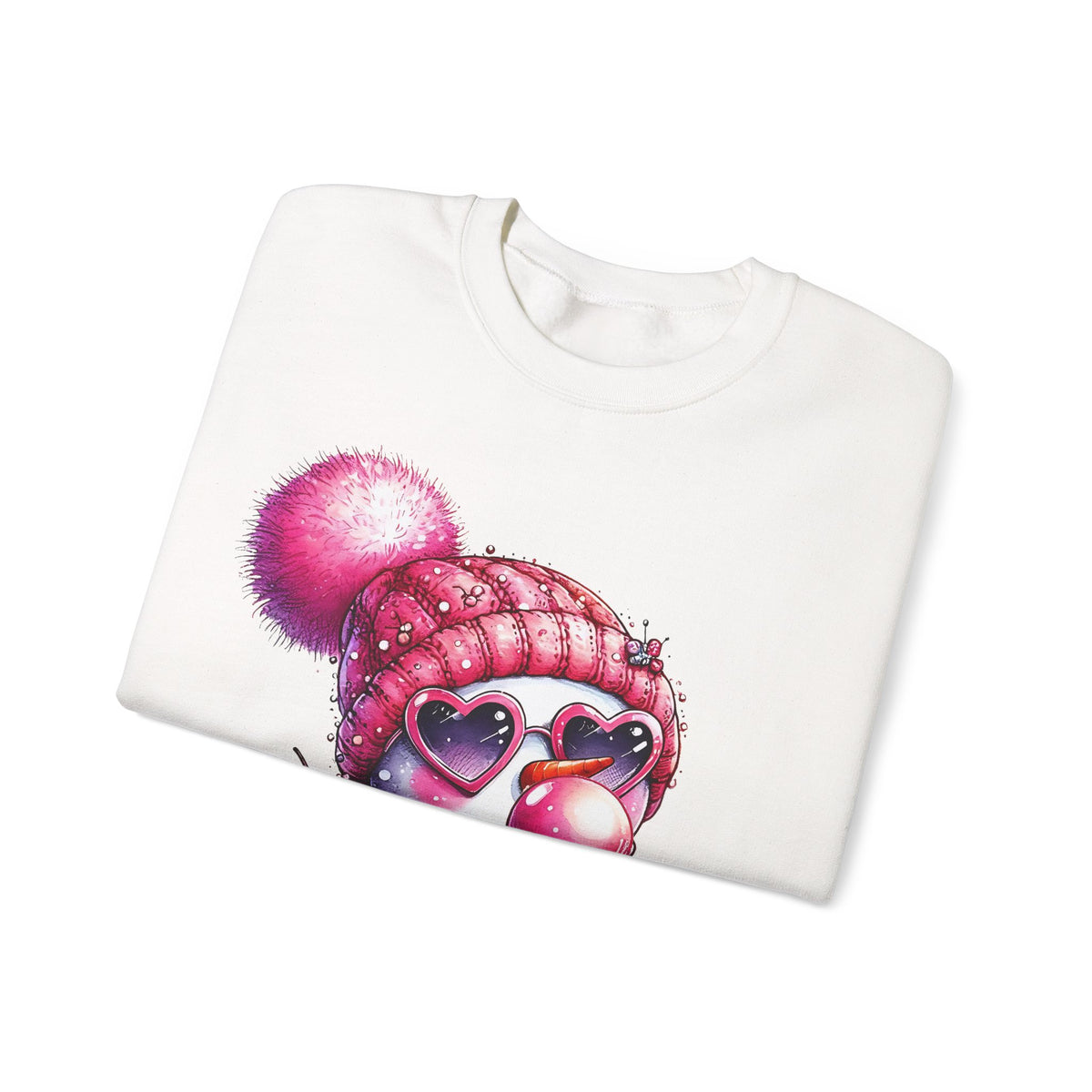 Pink Girly Snowman with Heart Sunglasses and Bubblegum - Winter – Gildan Heavy Blend | Trendy Women’s Soft Sweatshirt. Direct to Garment. Printed & Shipped in the USA. Unisex Sizes.