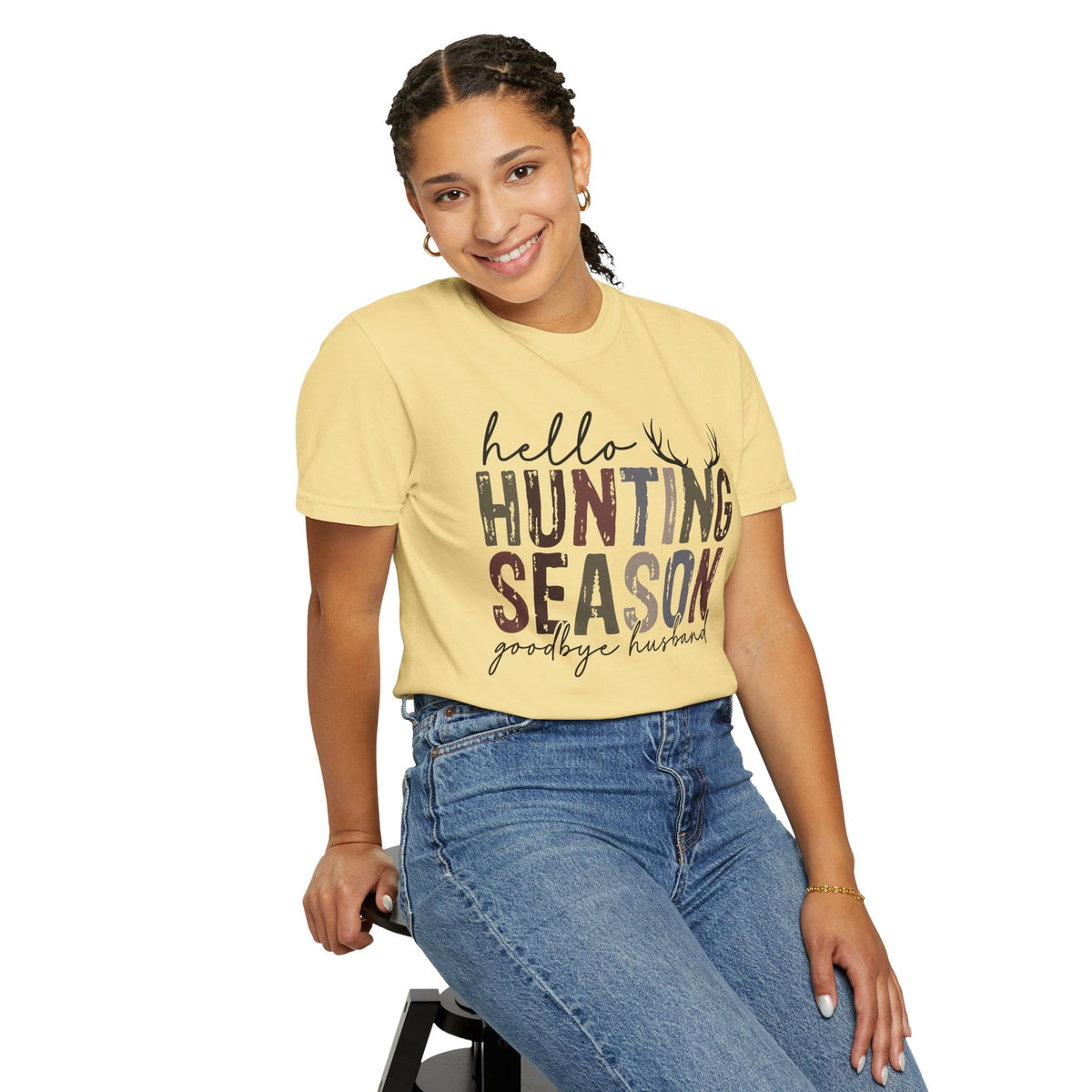 Hello Hunting Season Goodbye Husband Camouflage Wife - Comfort Colors | Trendy Women's T-Shirt. Direct to Garment. Printed & Shipped in the USA. Unisex Sizes.