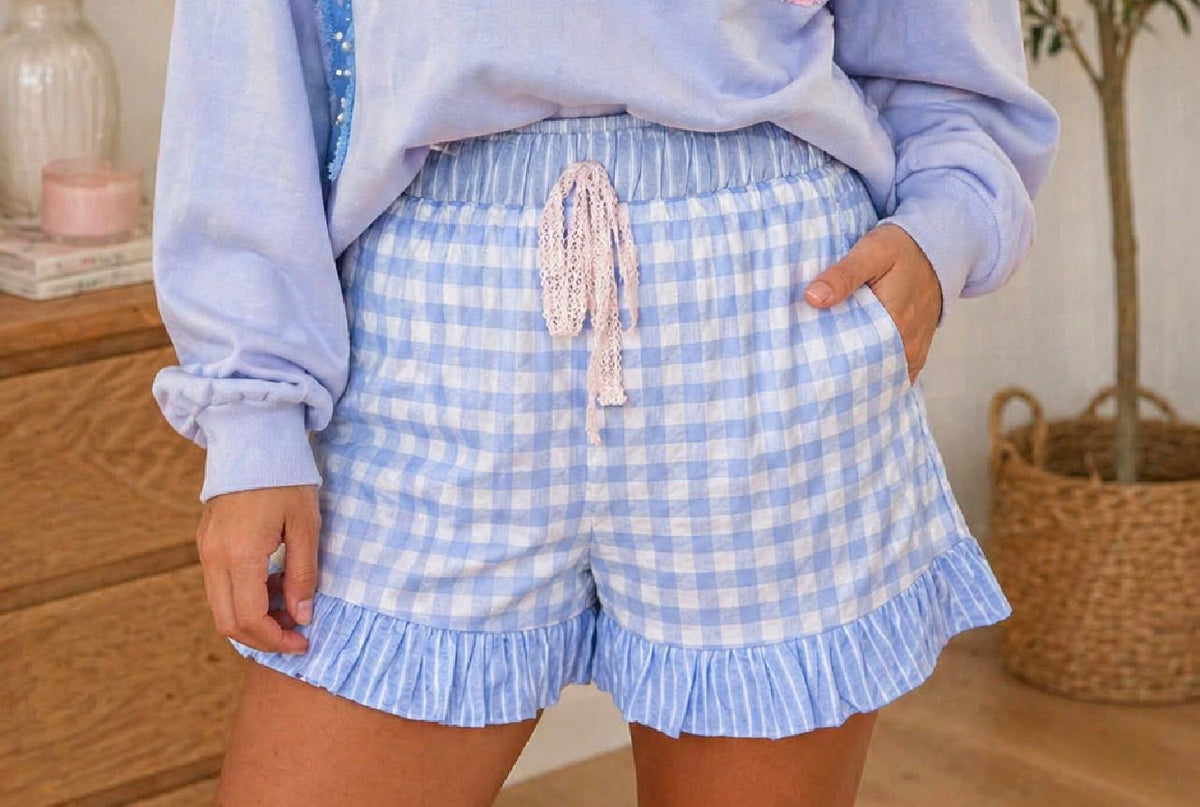 Gingham (Blue) Ruffled Bottom Shorts with Lace Drawstring