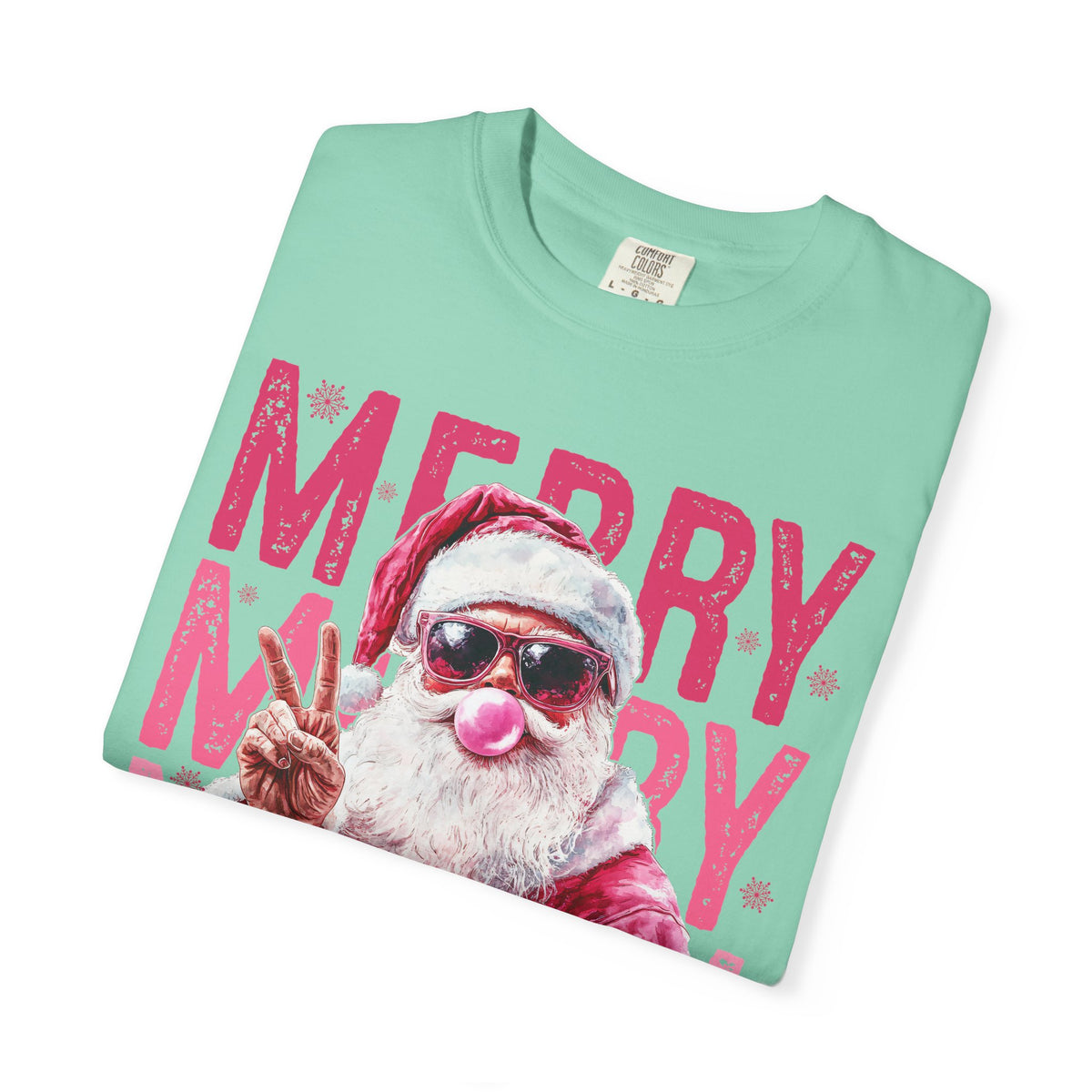Pink Merry Christmas Bubblegum Santa - Comfort Colors | Trendy Women's T-Shirt. Direct to Garment. Printed & Shipped in the USA. Unisex Sizes.