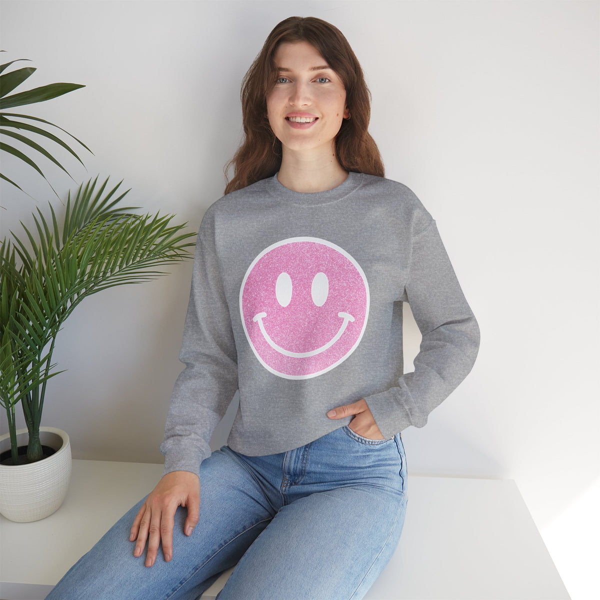 Glitter Smiley – Gildan Heavy Blend | Trendy Women’s Soft Sweatshirt. Direct to Garment. Printed & Shipped in the USA. Unisex Sizes.