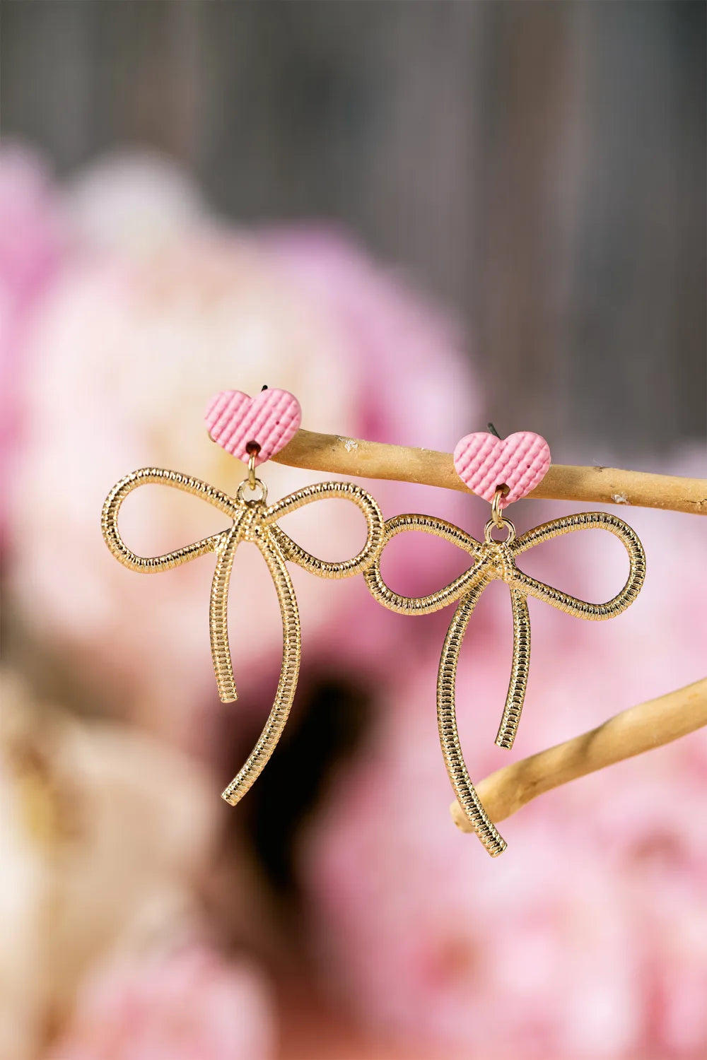 Lightweight Textured Trendy Bow Earrings with Waffled Pink Heart - Yellow Gold Plated
