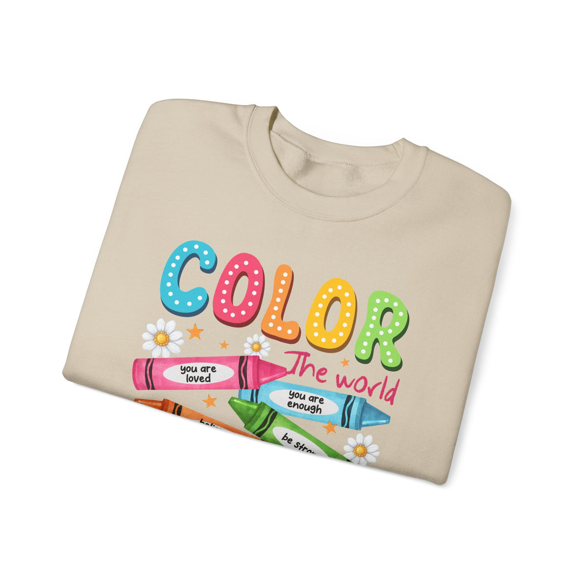 Color the World With Kindness Crayons, Great Teacher Gift – Gildan Heavy Blend | Trendy Women’s and Men's Soft Sweatshirt. Direct to Garment. Printed & Shipped in the USA. Unisex Sizes.