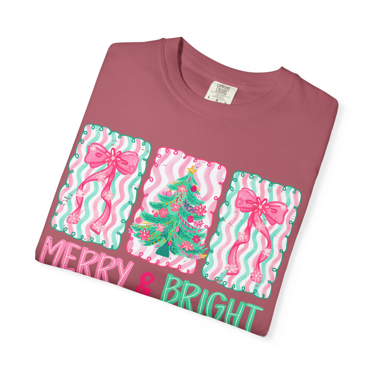 Merry & Bright Christmas — Pink & Green Holiday Tree Design - Comfort Colors | Trendy Women's T-Shirt. Direct to Garment. Printed & Shipped in the USA. Unisex Sizes.