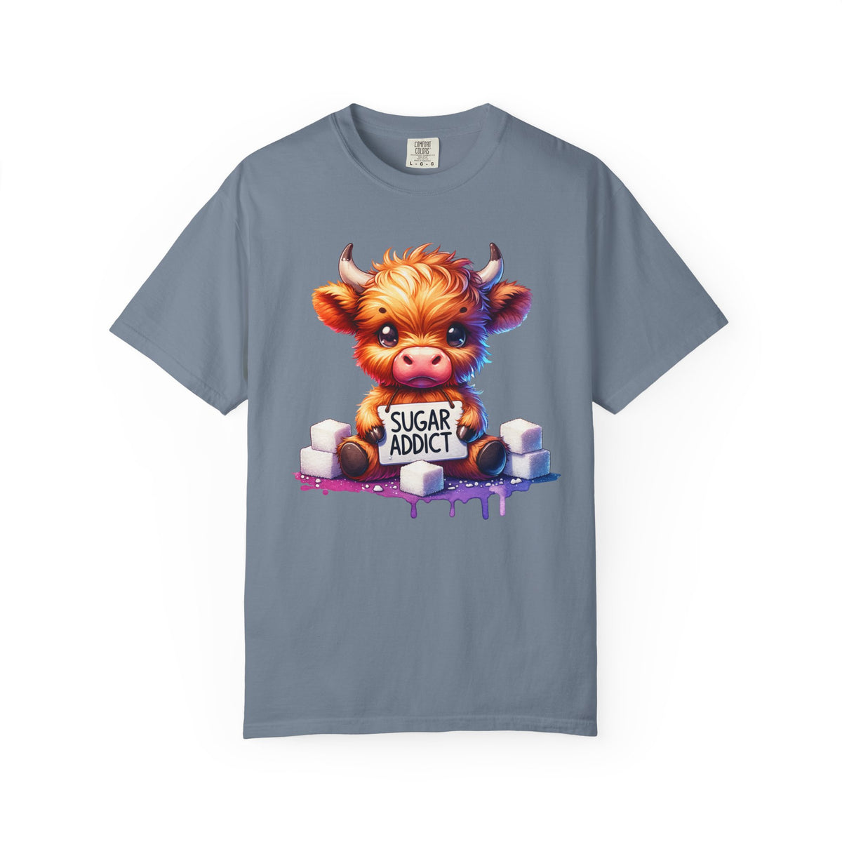 Sugar Addict Highland Cow - Comfort Colors | Trendy Women's T-Shirt. Direct to Garment. Printed & Shipped in the USA. Unisex Sizes.