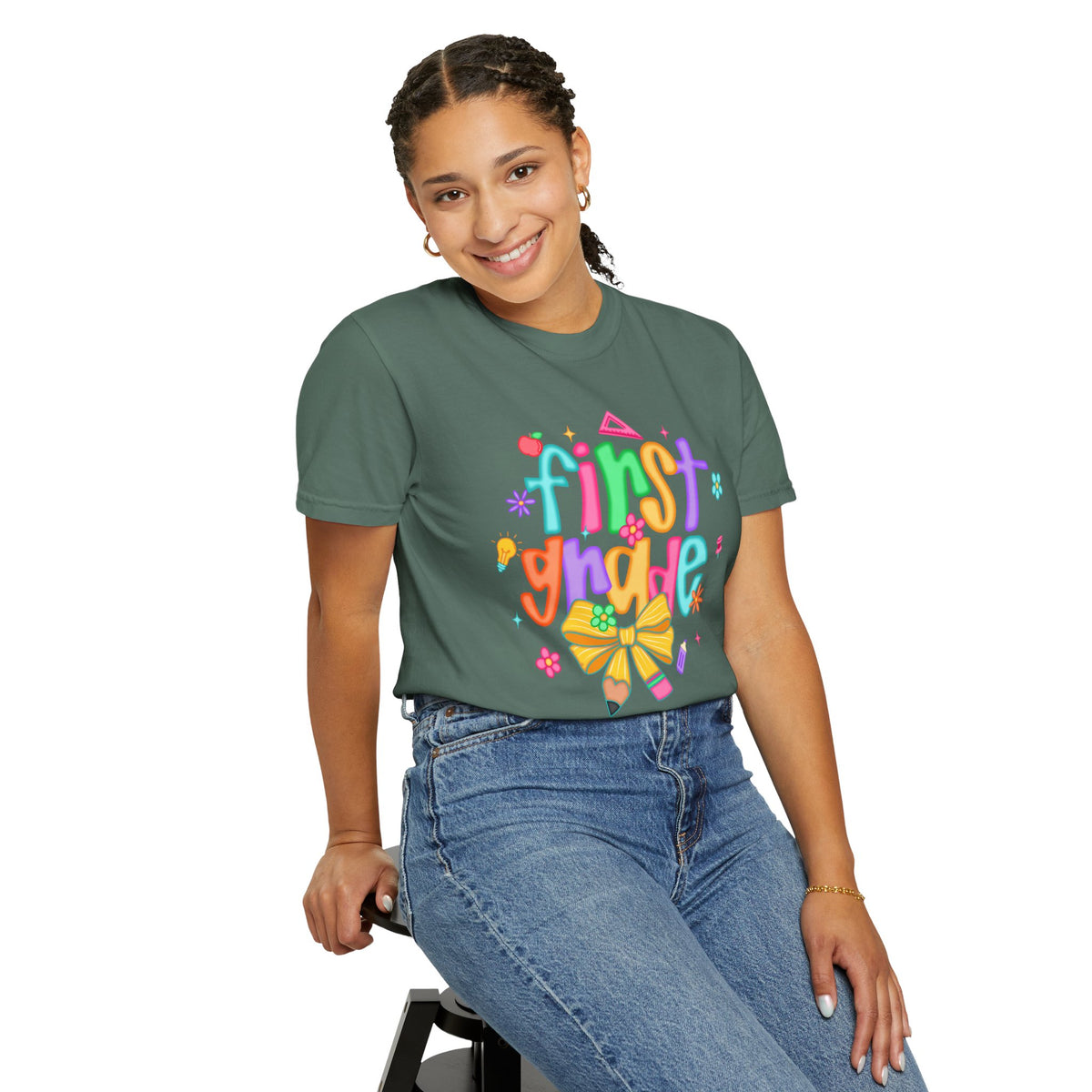 Coquette First Grade Pencil Bow - Comfort Colors | Trendy Women's T-Shirt. Direct to Garment. Printed & Shipped in the USA. Unisex Sizes.