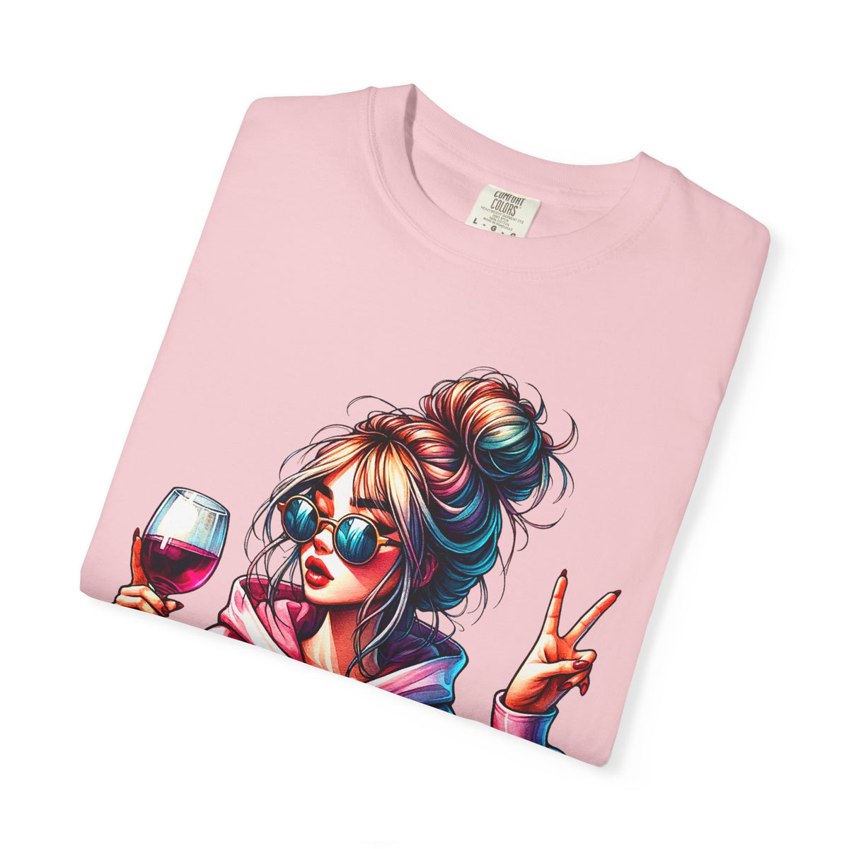 Dramatic Girl With Wine Messy Bun Peace Sign  - Comfort Colors | Trendy Women's T-Shirt. Direct to Garment. Printed & Shipped in the USA. Unisex Sizes.
