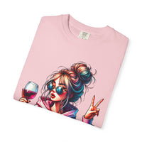 Dramatic Girl With Wine Messy Bun Peace Sign  - Comfort Colors | Trendy Women's T-Shirt. Direct to Garment. Printed & Shipped in the USA. Unisex Sizes.