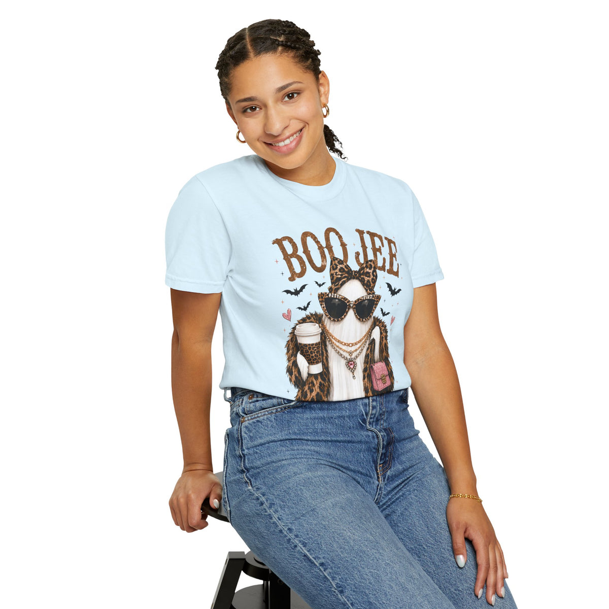 BooJee Ghost with Coffee - Halloween - Comfort Colors | Trendy Women's T-Shirt. Direct to Garment. Printed & Shipped in the USA. Unisex Sizes.
