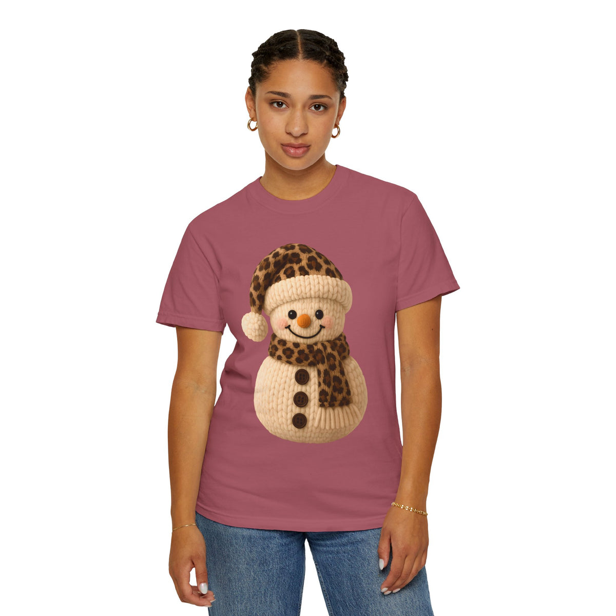 Cute Leopard Faux Knit Snowman Winter - Comfort Colors | Trendy Women's T-Shirt. Direct to Garment. Printed & Shipped in the USA. Unisex Sizes.