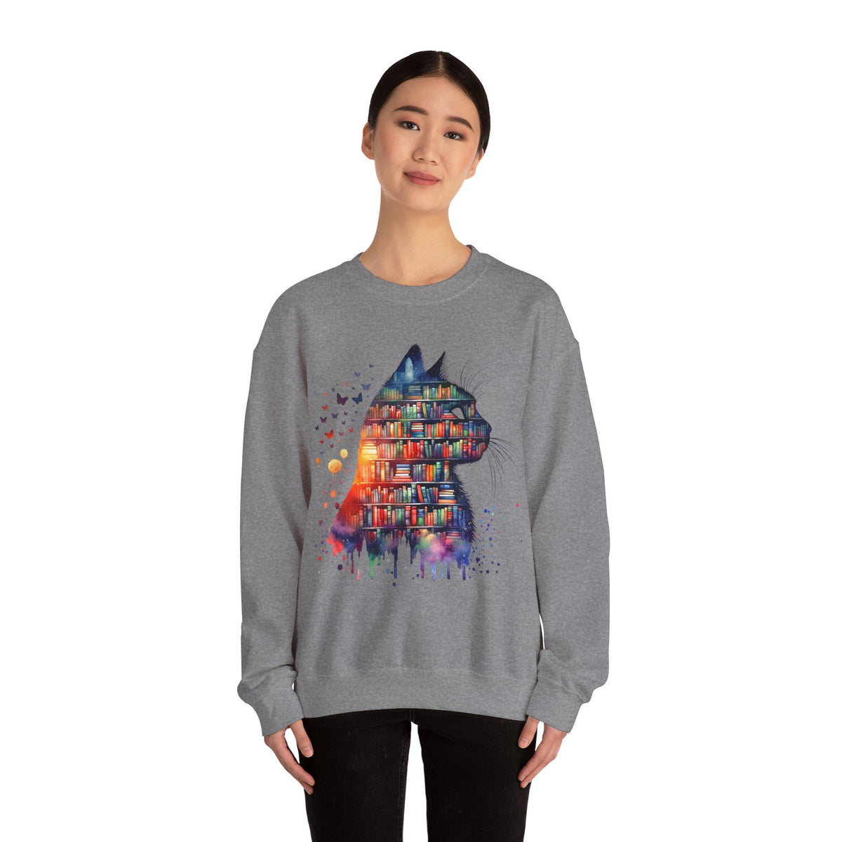 Cat Silhouette for Book Lovers – Gildan Heavy Blend | Trendy Women’s Soft Sweatshirt. Direct to Garment. Printed & Shipped in the USA. Unisex Sizes.