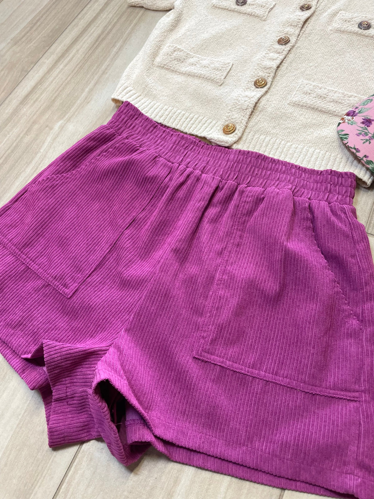 Corduroy (Purple) Shorts with Elastic Waist & Pockets